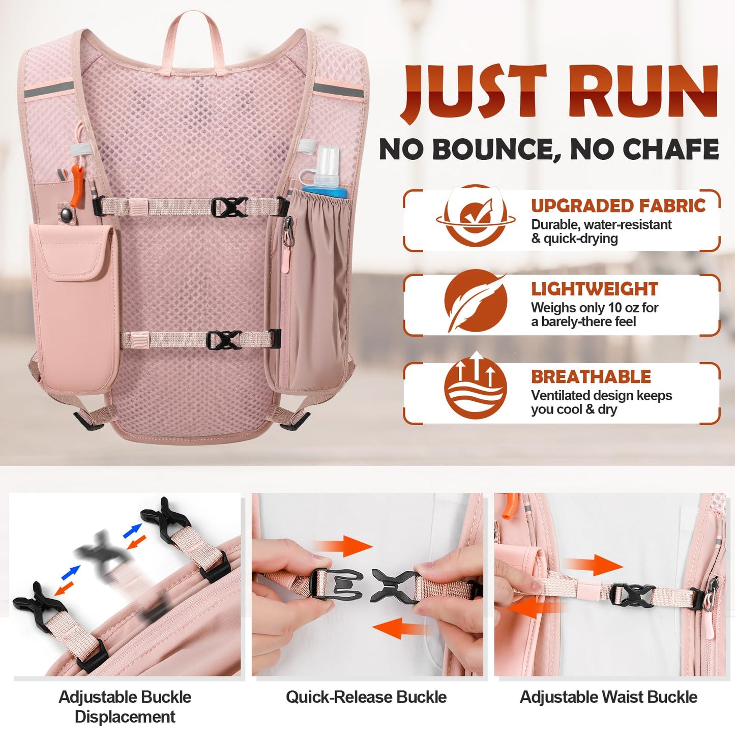 🎖️Lightweight 500ml Waterproof Phone Pocket Adjustable No-Bounce Straps Running Hydration Vest Trail Outdoor Bags for Hiking