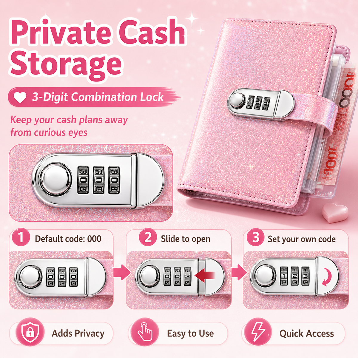 🔥Glliter Cash Savings Binder with 3-Digit Combination Lock – 100-Page Cash Stuffing Budget Organizer for Savings Challenges, Money Goals & Gifts 💖
