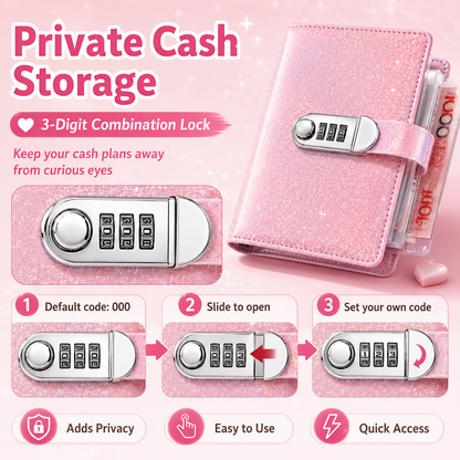🔥Glliter Cash Savings Binder with 3-Digit Combination Lock – 100-Page Cash Stuffing Budget Organizer for Savings Challenges, Money Goals & Gifts 💖