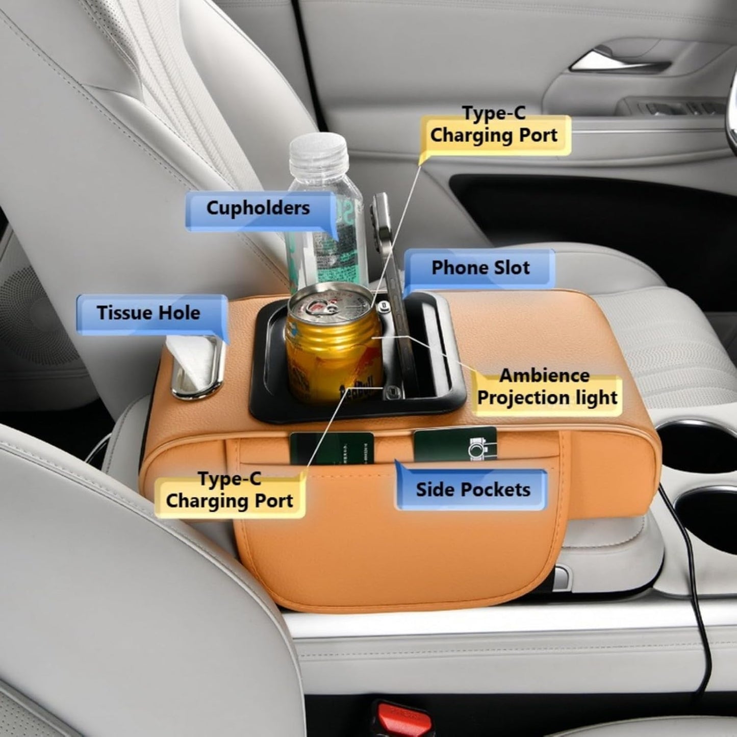 🎖️Car Armrest Pad with LED Starry Sky Light, Dual Type-C Charging Ports
