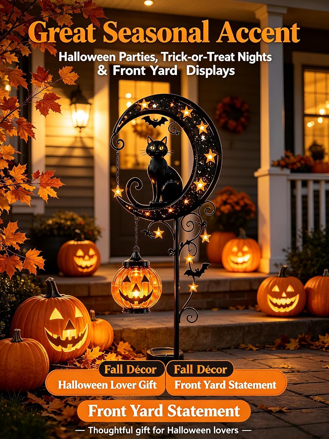 🎖️Solar Halloween Black Cat & Pumpkin Moon Garden Stake Light