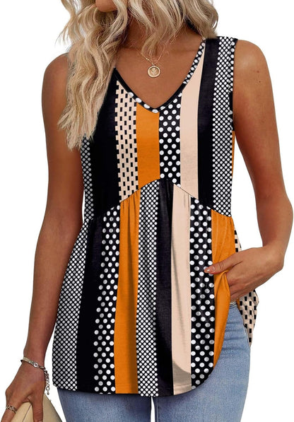 🔥Limited time sale🔥Women's Print Flowy Sleeveless V Neck Peplum Tank Tops