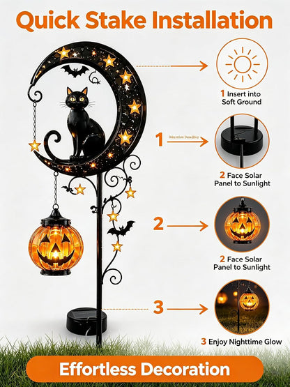 🎖️Solar Halloween Black Cat & Pumpkin Moon Garden Stake Light