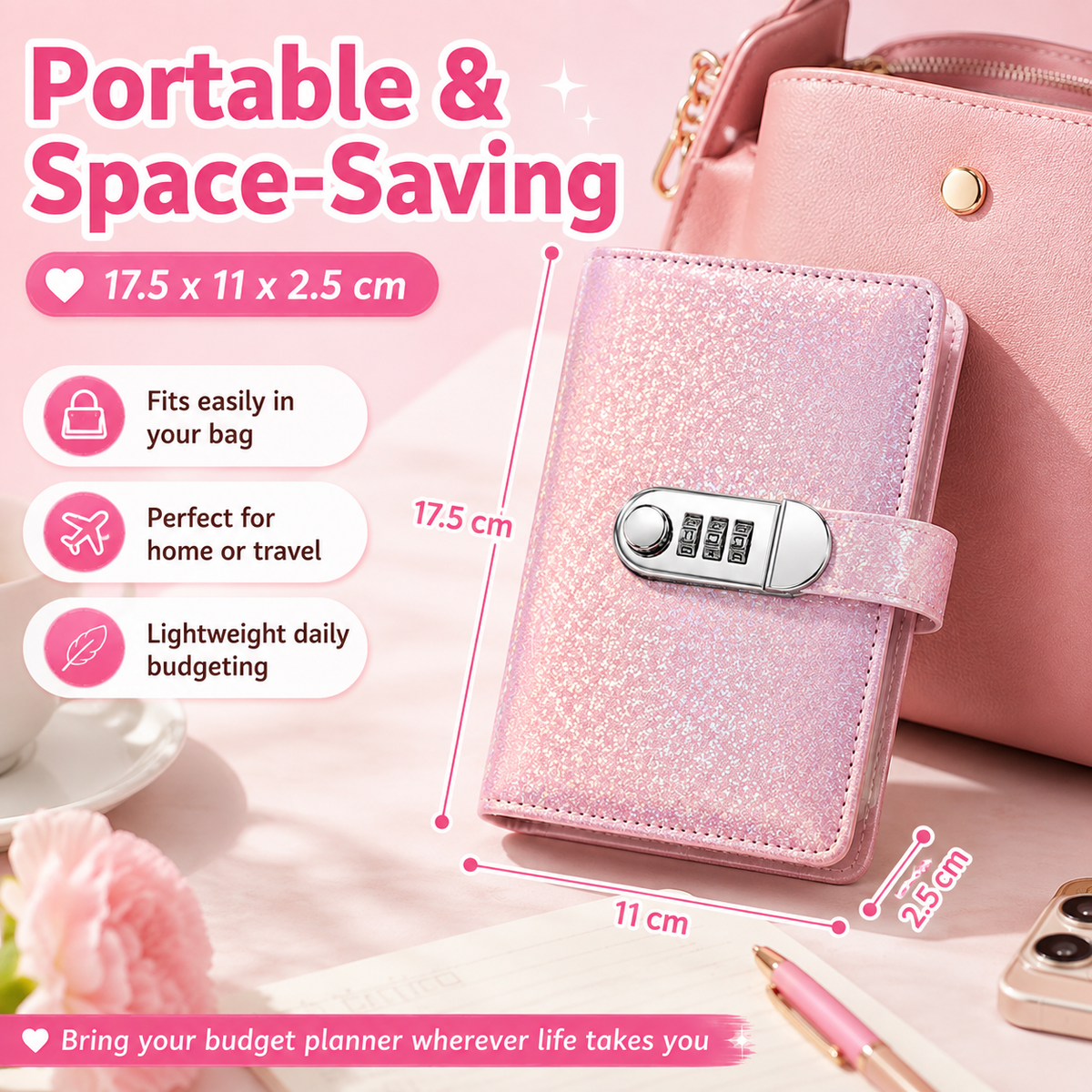 🔥Glliter Cash Savings Binder with 3-Digit Combination Lock – 100-Page Cash Stuffing Budget Organizer for Savings Challenges, Money Goals & Gifts 💖