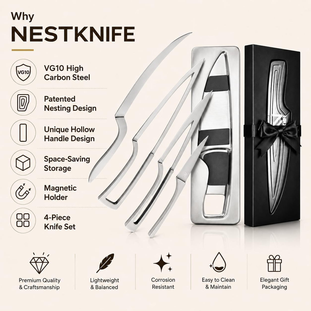 ✨Magnetic Kitchen Knife Set – 4 Piece High Carbon Stainless Steel Kitchen Knives🔪
