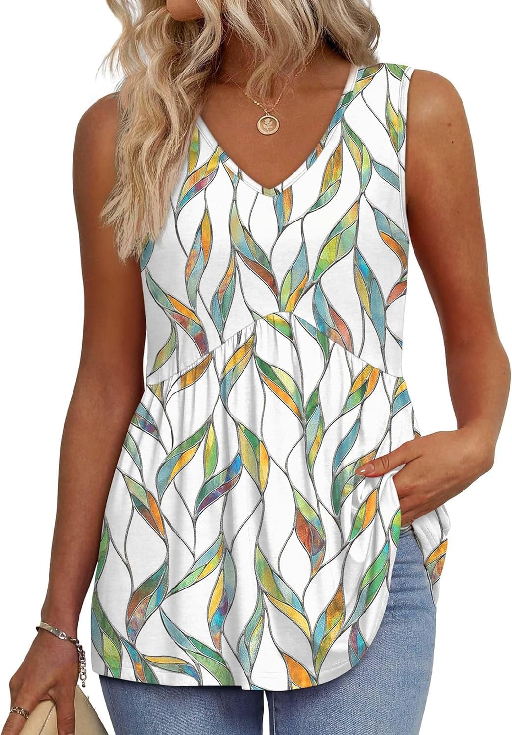 🔥Limited time sale🔥Women's Print Flowy Sleeveless V Neck Peplum Tank Tops