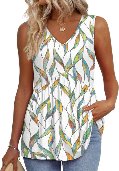 🔥Limited time sale🔥Women's Print Flowy Sleeveless V Neck Peplum Tank Tops