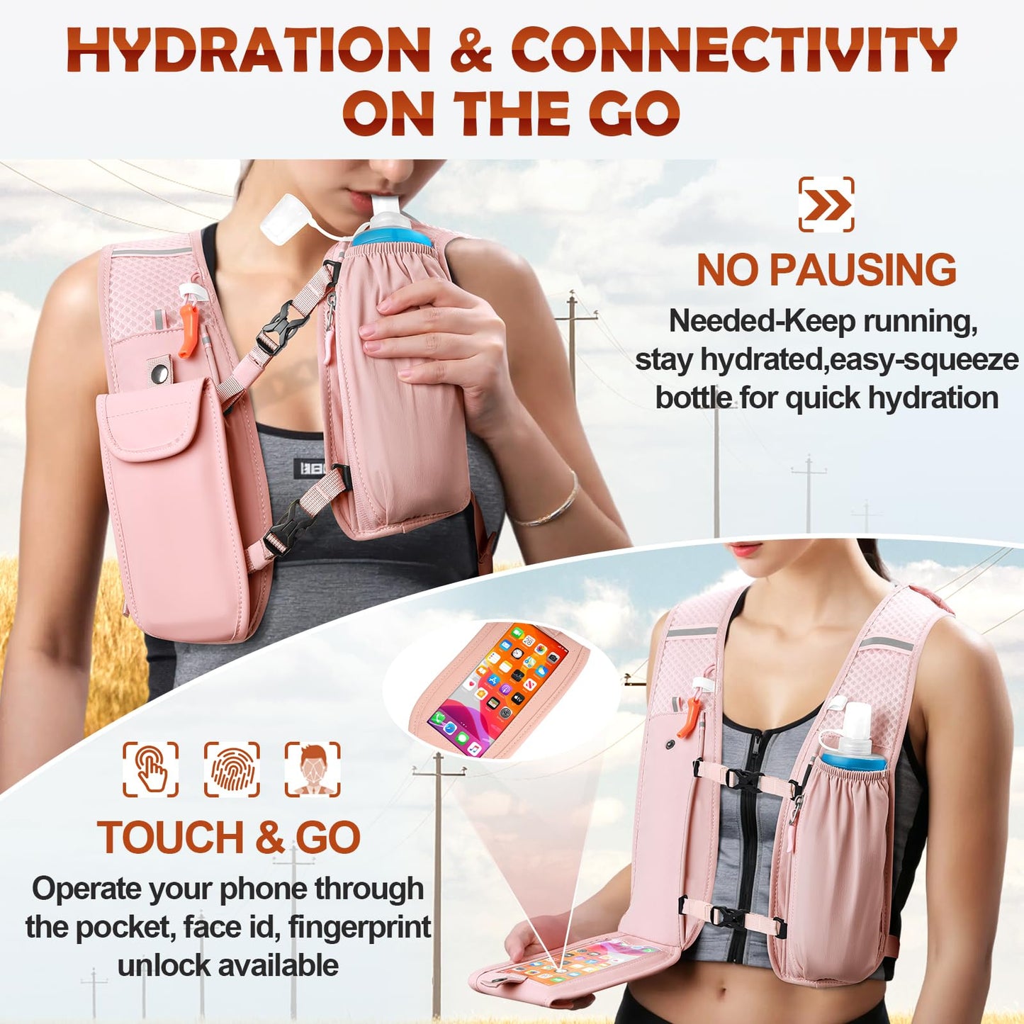 🎖️Lightweight 500ml Waterproof Phone Pocket Adjustable No-Bounce Straps Running Hydration Vest Trail Outdoor Bags for Hiking