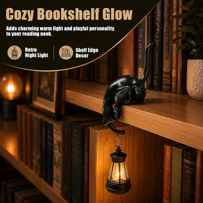 🎖️Cat with Lantern Shelf Decor, Cat Figurine with LED Bookshelf Decor Cat