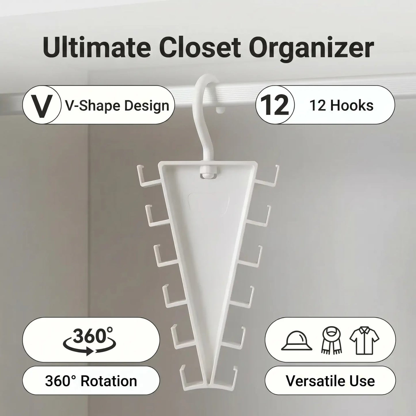 ✨Buy More Save More✨V-Shaped 12-Hook Closet Organizer – 360° Rotation, Space-Saving