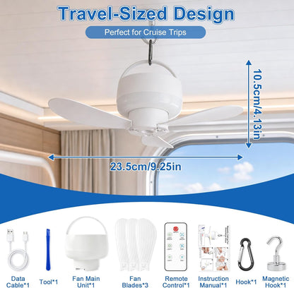 ✨Magnetic Ceiling Fan for Cruise, Small USB Rechargeable Portable Travel Fan with Ultra-Quiet Motor & LED Light