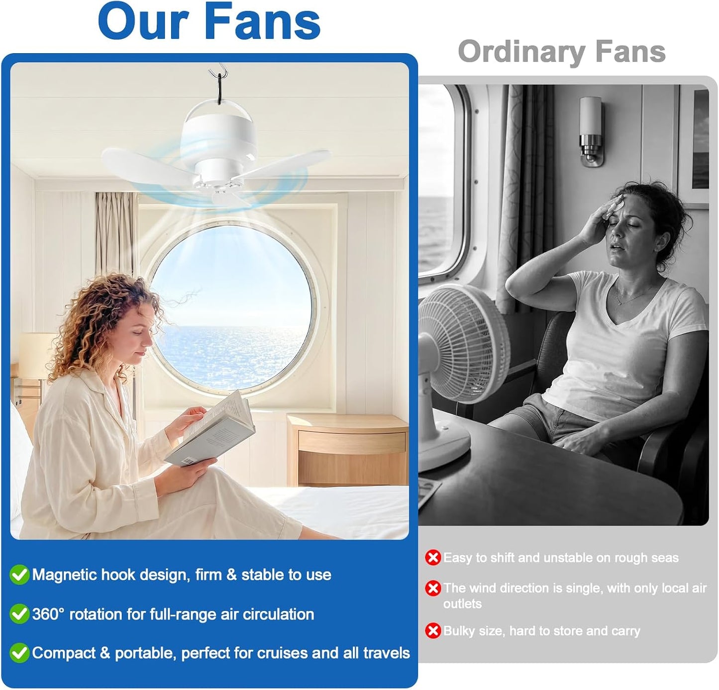 ✨Magnetic Ceiling Fan for Cruise, Small USB Rechargeable Portable Travel Fan with Ultra-Quiet Motor & LED Light