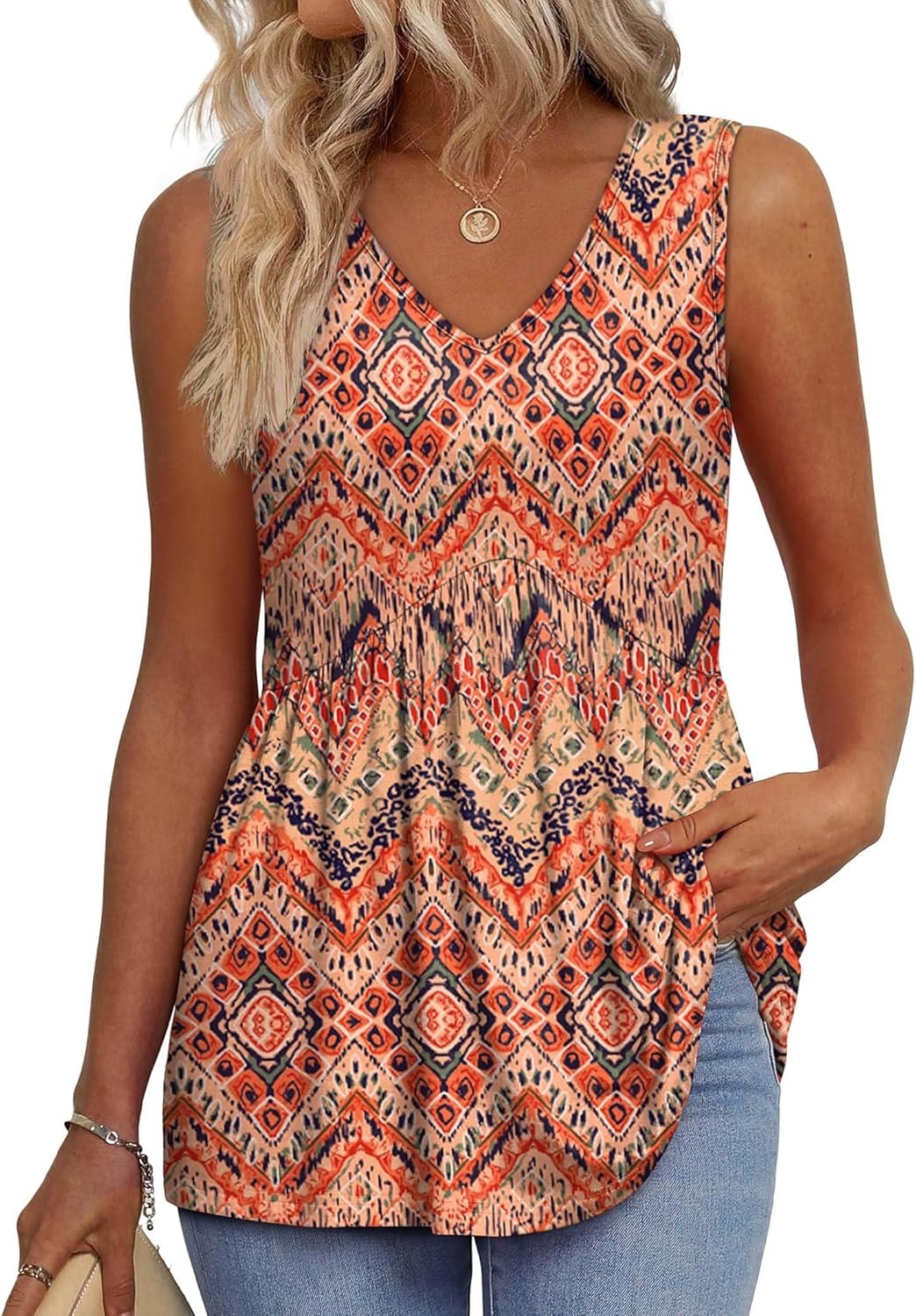 🔥Limited time sale🔥Women's Print Flowy Sleeveless V Neck Peplum Tank Tops