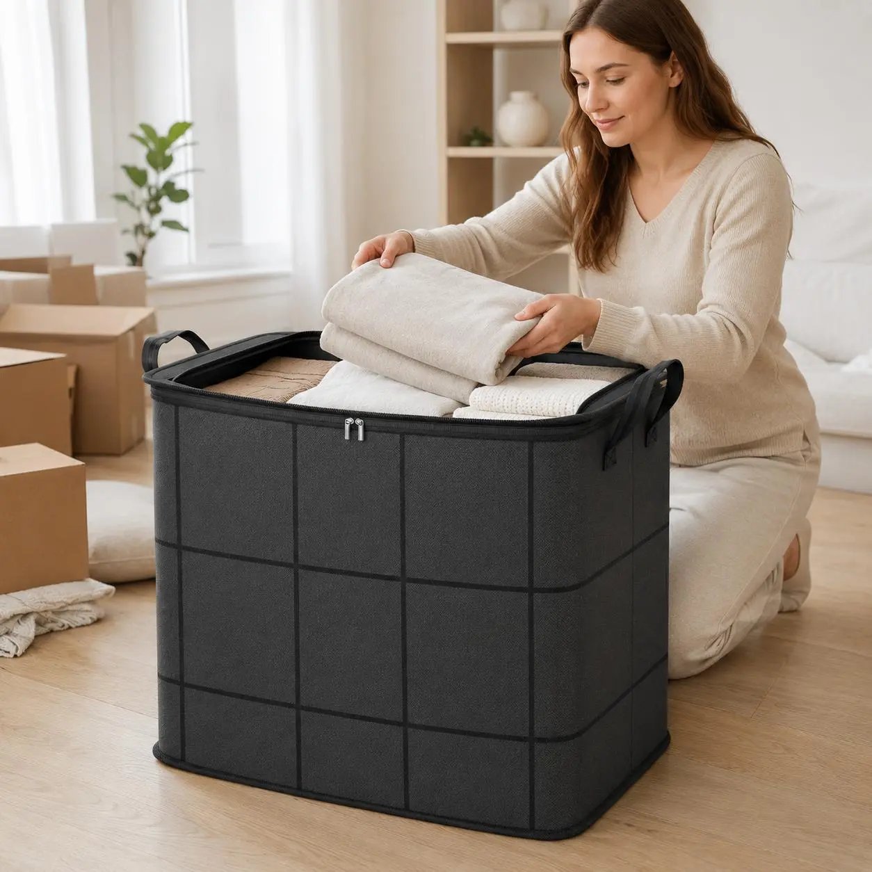🔥Spacious Zippered Storage Bin📦 – Large Capacity Bag for Quilts, Blankets & Sweaters, Perfect for Moving Day & Closet Organization