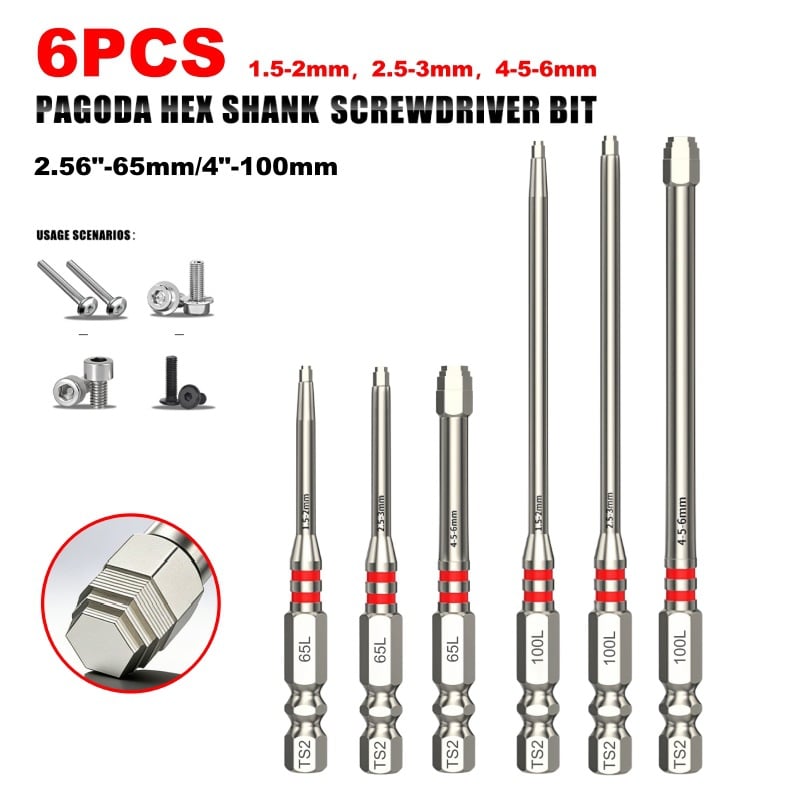 ✨🛠️Screwdriver Bits Set 6pcs with Magnetic Hex Shank Pagoda-Shaped Design in Multiple Sizes for Electric Drills and Wrenches