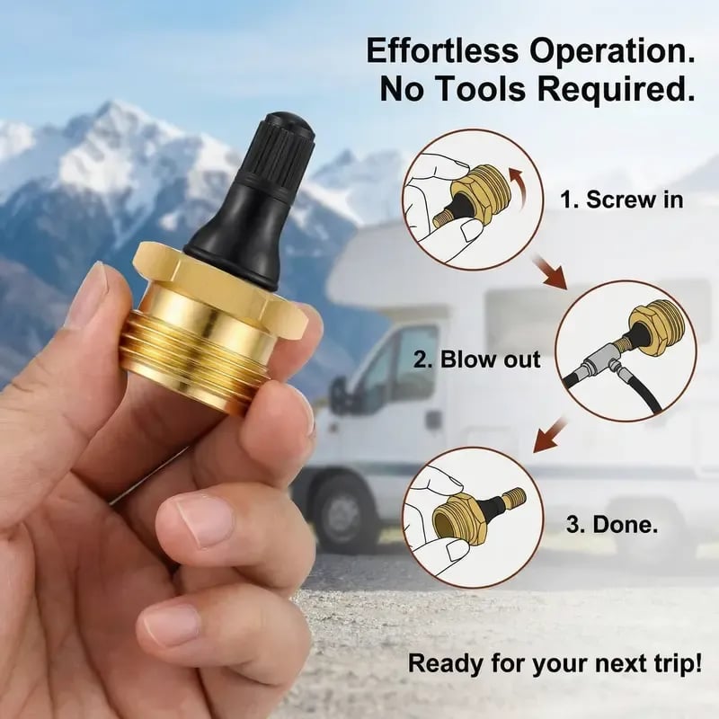 ✨2-Pcs Brass RV Blow Out Plugs with Drain Valve - Air Hose Friendly Home Care Supplies for Camping