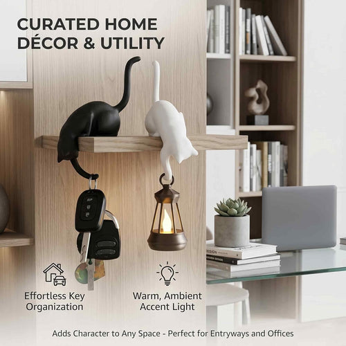 🎖️Cat with Lantern Shelf Decor, Cat Figurine with LED Bookshelf Decor Cat