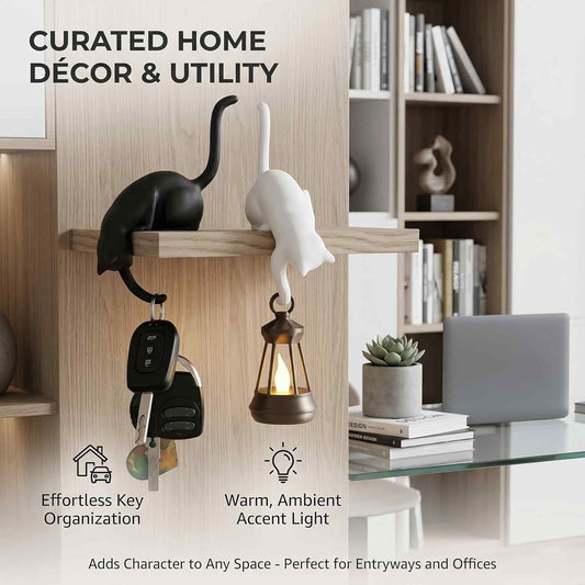 🎖️Cat with Lantern Shelf Decor, Cat Figurine with LED Bookshelf Decor Cat