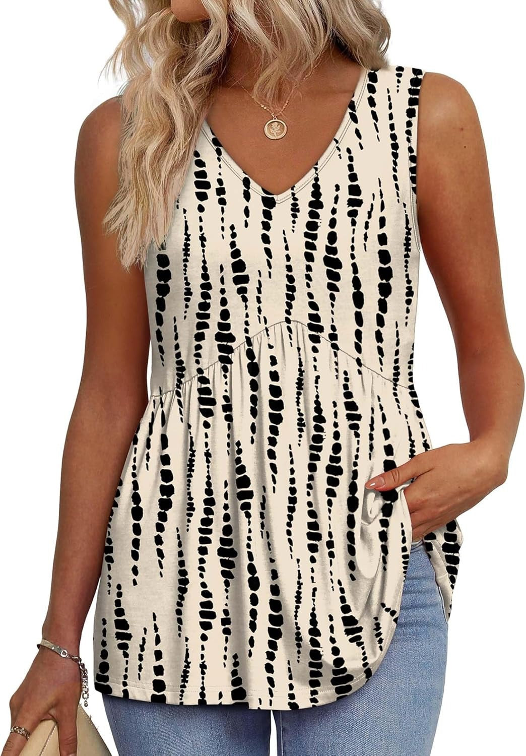 🔥Limited time sale🔥Women's Print Flowy Sleeveless V Neck Peplum Tank Tops
