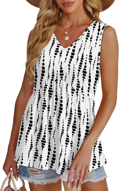 🔥Limited time sale🔥Women's Print Flowy Sleeveless V Neck Peplum Tank Tops