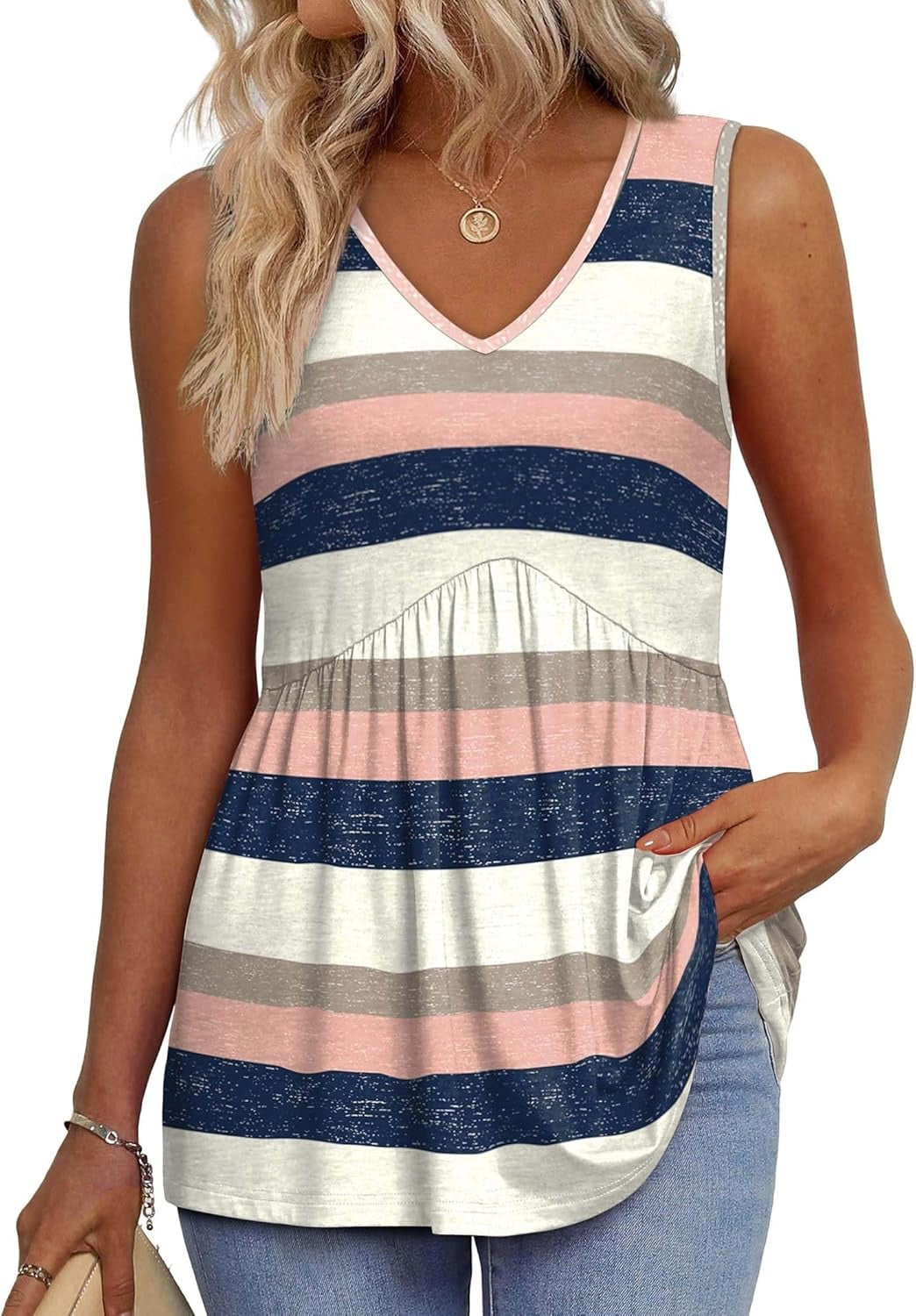 🔥Limited time sale🔥Women's Print Flowy Sleeveless V Neck Peplum Tank Tops