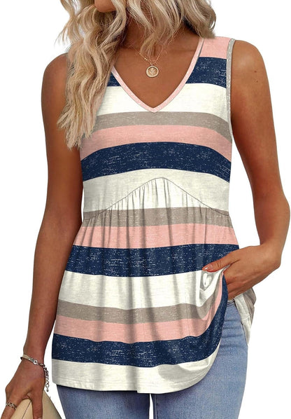 🔥Limited time sale🔥Women's Print Flowy Sleeveless V Neck Peplum Tank Tops