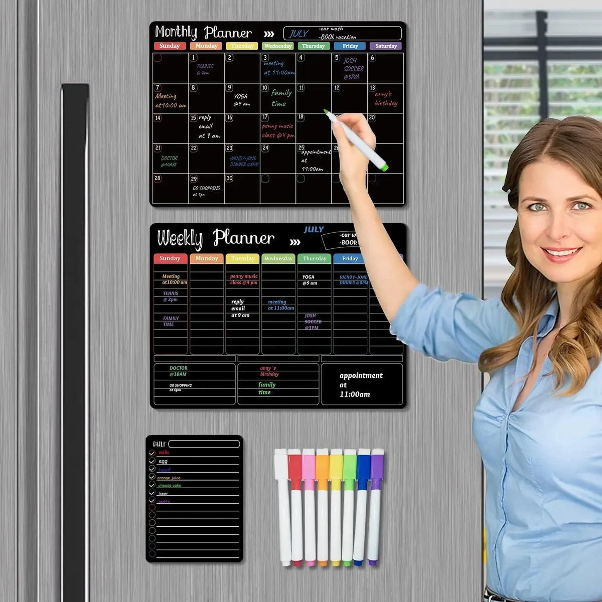 ✨Black Dry Erase Boards Set - 3 Magnetic Boards for Refrigerator, Monthly, Weekly Organizer & Daily Notepad 🧲