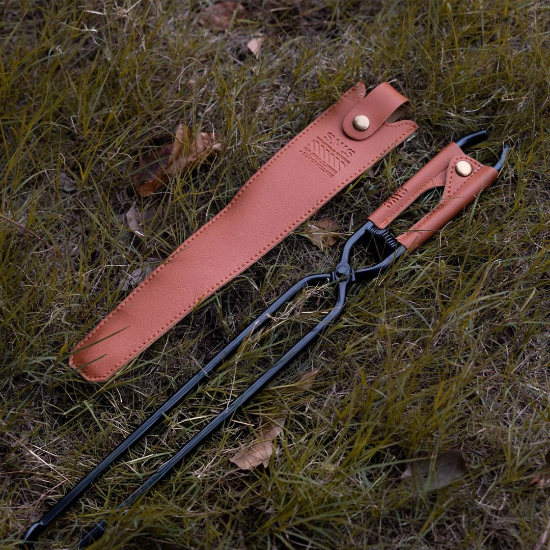 🎖️50% OFF - Camping Fire Tongs | Heavy-Duty Carbon Steel | Leather Sheath | Serrated Grip | Brown/Black Options