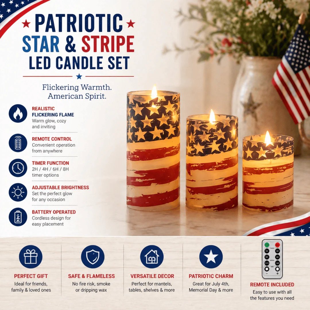 ✨3-Piece Set - Patriotic Flameless Candles (With Remote Control)