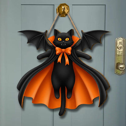 🎖️Halloween Black Cat Vampire Bat Wooden Sign, Gothic Wall Decor