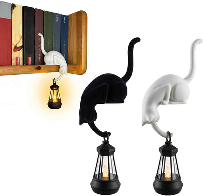 🎖️Cat with Lantern Shelf Decor, Cat Figurine with LED Bookshelf Decor Cat