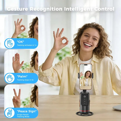🎖️Auto Face Tracking Phone Holder with Gesture Control, 360° Auto Rotating