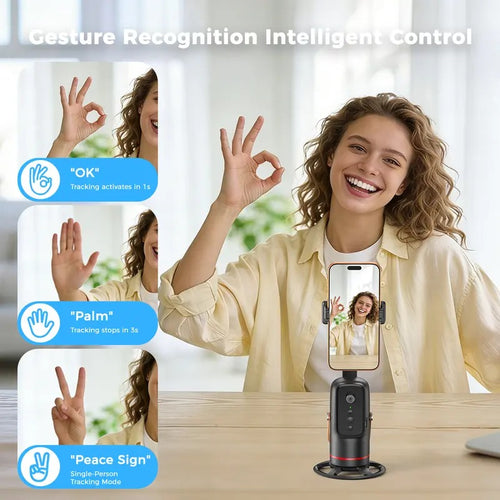 🎖️Auto Face Tracking Phone Holder with Gesture Control, 360° Auto Rotating