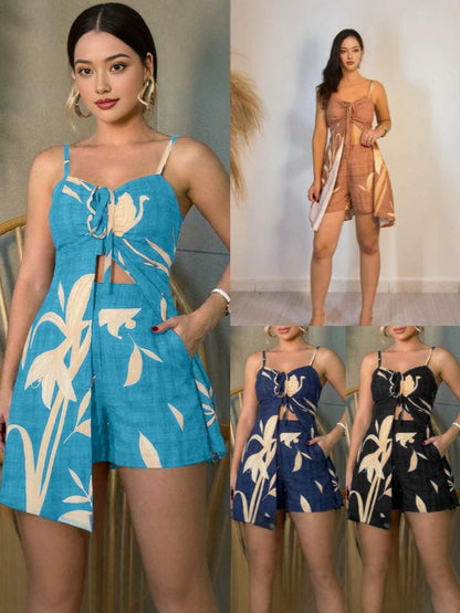 🔥Women's Floral Tie-Front Cami & Pocket Shorts 2-Piece Summer Outfit