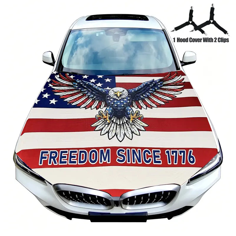 ✨🦅American Flag Car Hood Cover With Dual Triangle Clips Fits Trucks SUVs Sedans Jeep Commemorative Edition