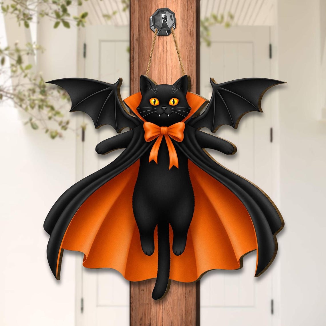 🎖️Halloween Black Cat Vampire Bat Wooden Sign, Gothic Wall Decor
