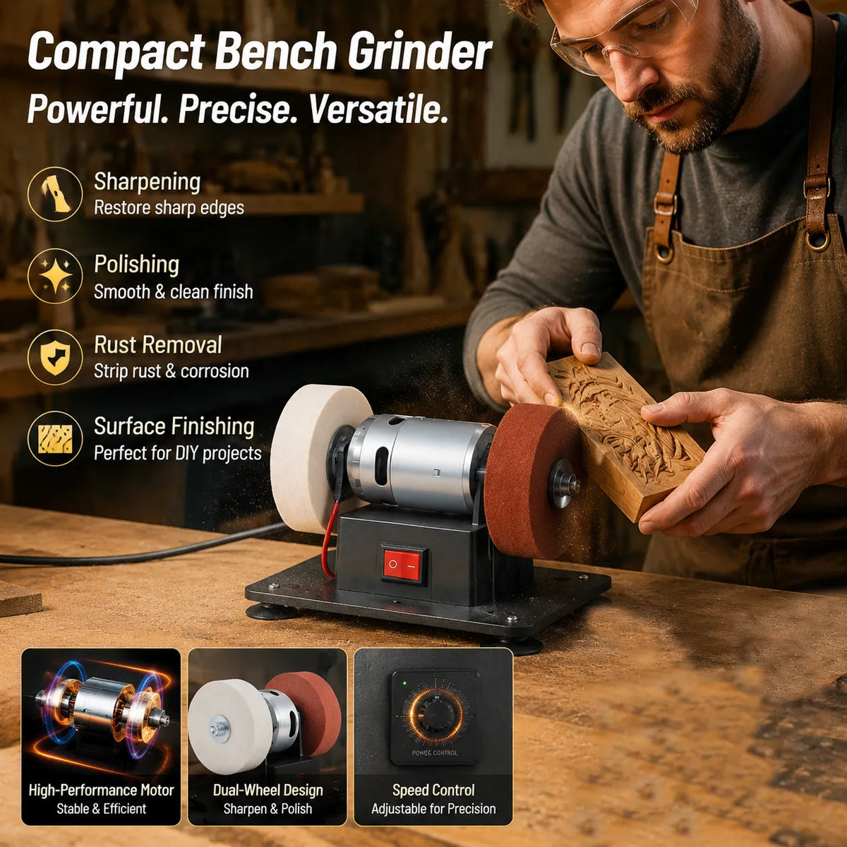 🔥Mini Bench Grinder with 2 Grinding Wheels
