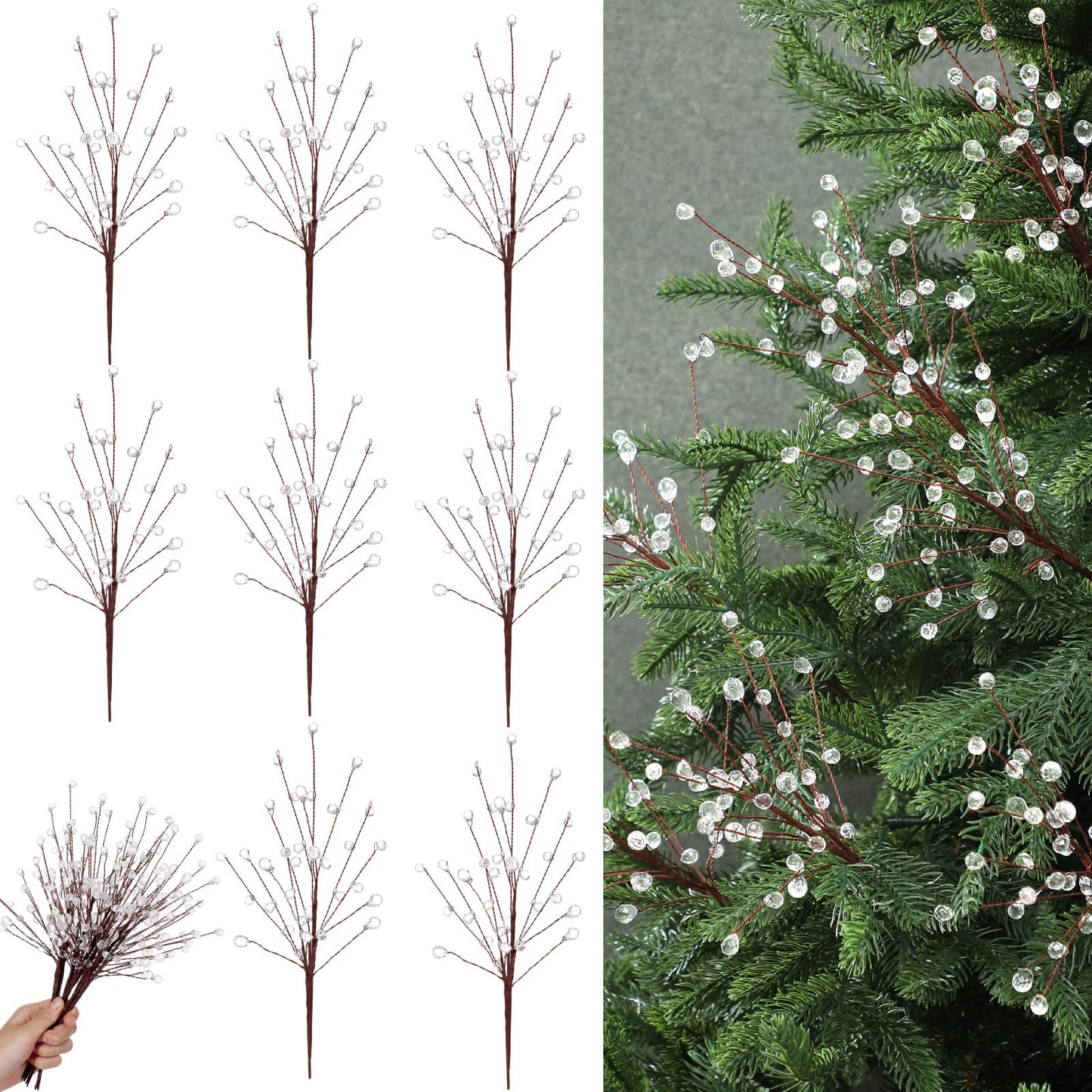 🔥8 Pcs Acrylic Crystal Christmas Tree Picks, 11.8 Inch with Bead Drop