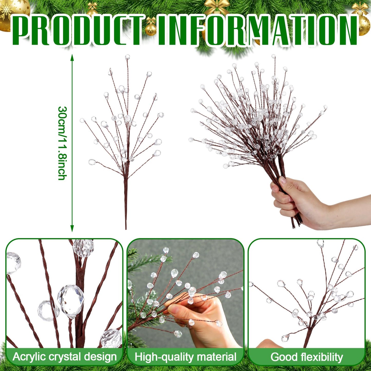 🔥8 Pcs Acrylic Crystal Christmas Tree Picks, 11.8 Inch with Bead Drop