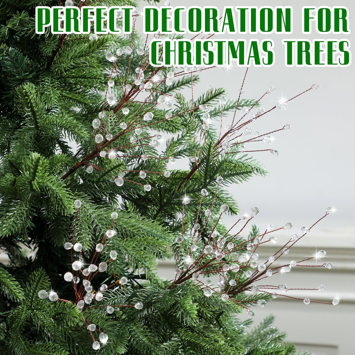 🔥8 Pcs Acrylic Crystal Christmas Tree Picks, 11.8 Inch with Bead Drop