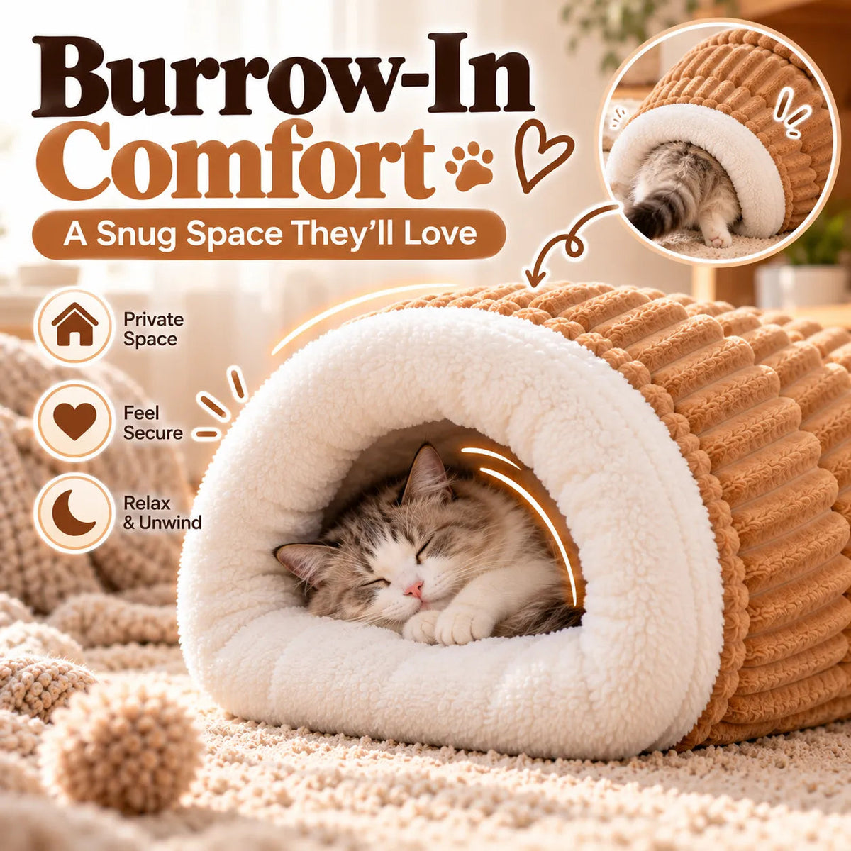 🎁Cozy Cave Pet Bed – Warm Plush Burrow Bed for Cats & Small Dogs, Soft Tunnel Hideaway for All-Season Comfort