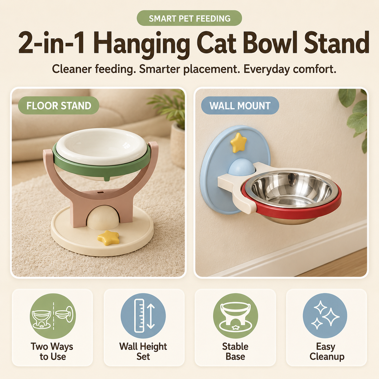 ✨2-in-1 wall-mounted/elevated cat bowl