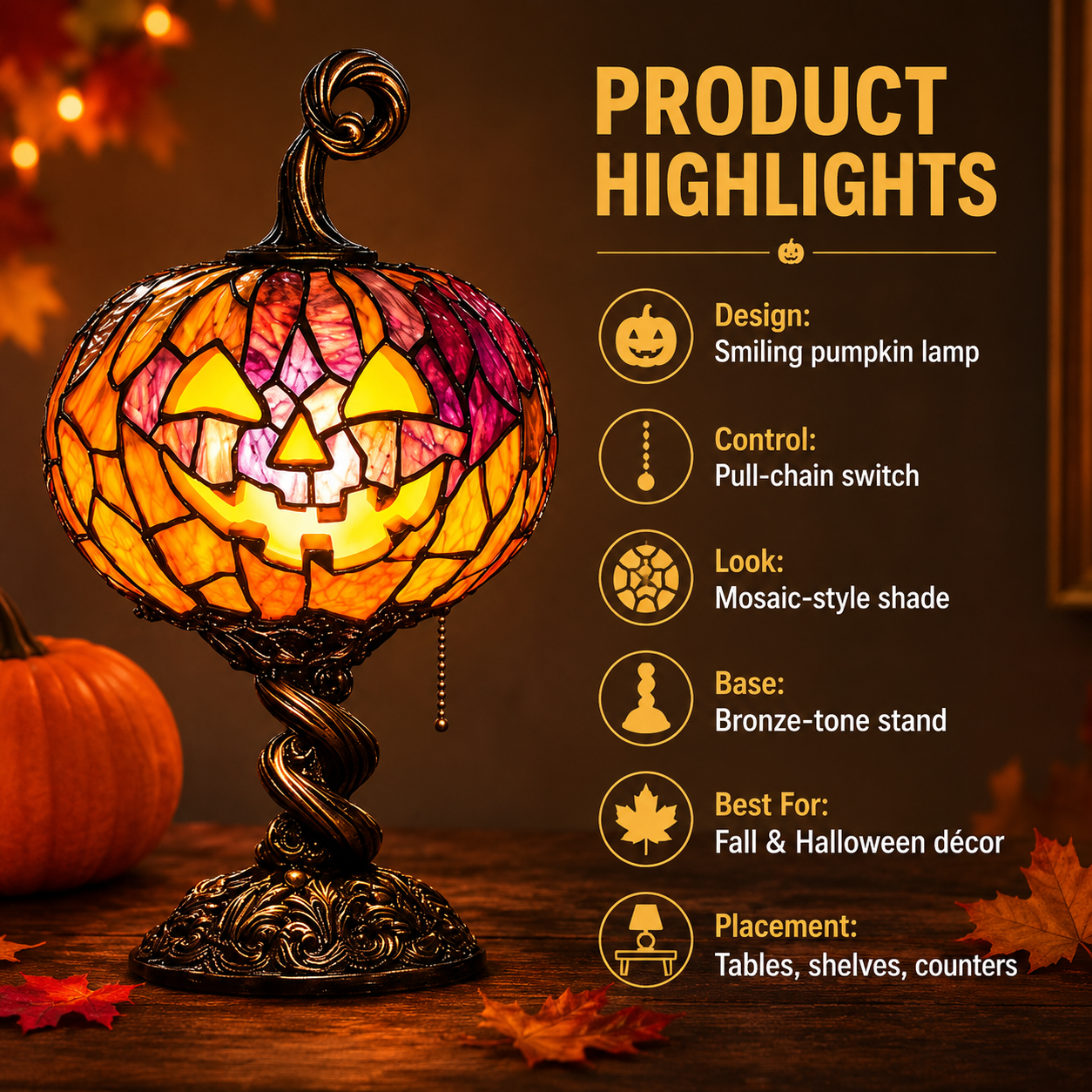 🔥🎃 Halloween Pumpkin Glow Lamp – Vintage Stained-Glass-Style Table Light