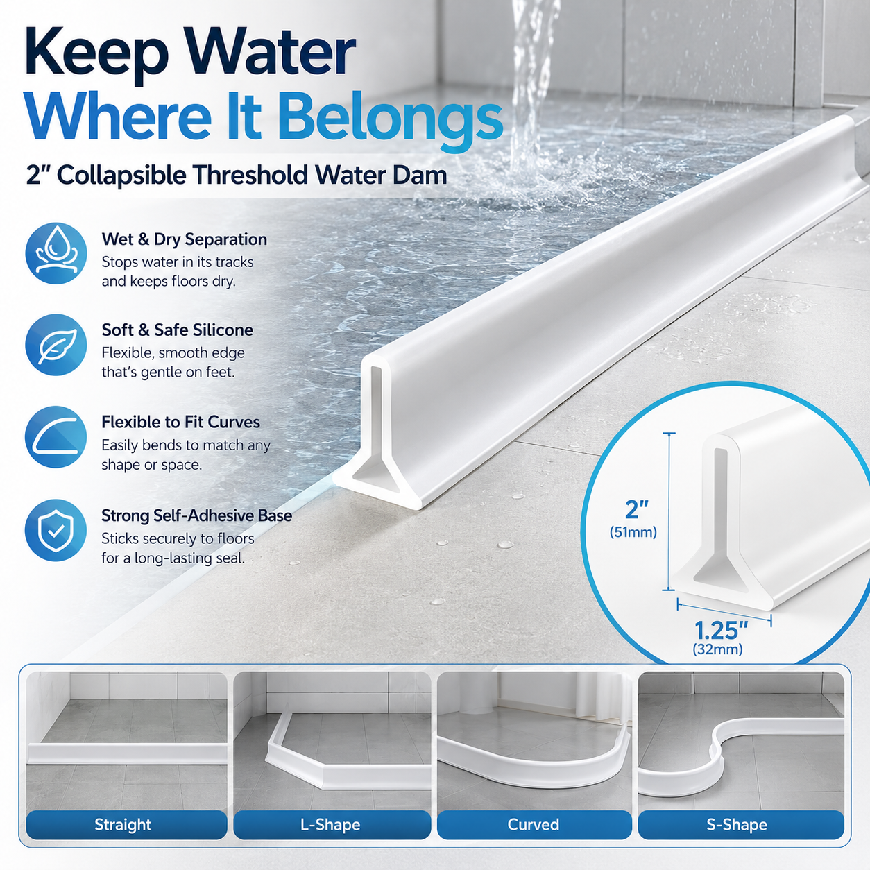 🔥39 Inch Shower Threshold Water Dam, Collapsible 2" Tall Shower Stopper Barrier