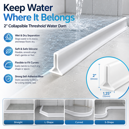 🔥39 Inch Shower Threshold Water Dam, Collapsible 2" Tall Shower Stopper Barrier