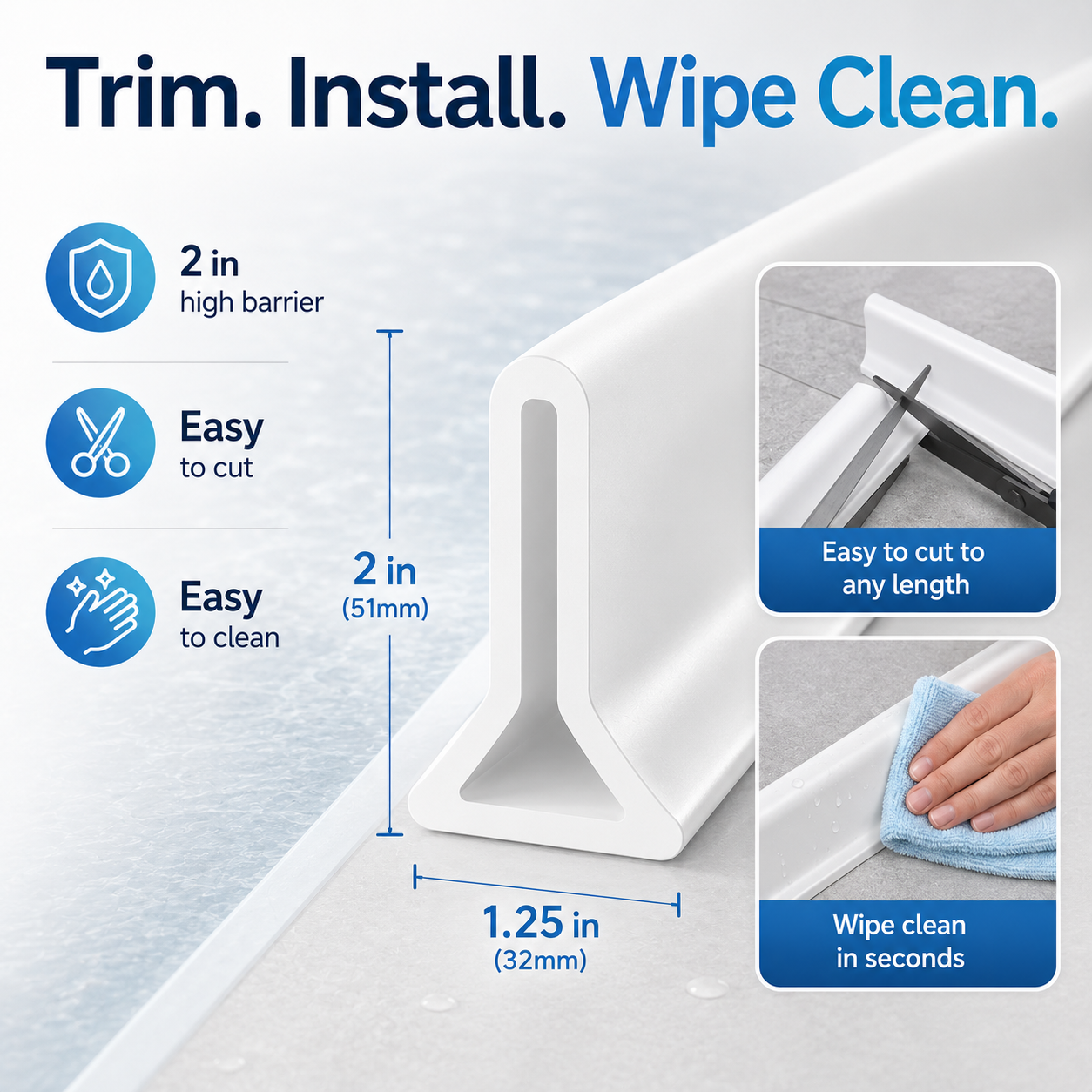 🔥39 Inch Shower Threshold Water Dam, Collapsible 2" Tall Shower Stopper Barrier