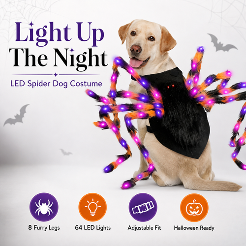 🔥Halloween Spider Dog Costume with 64 Led | Adjustable Self-Adhesive Straps, 8 Lighting Modes