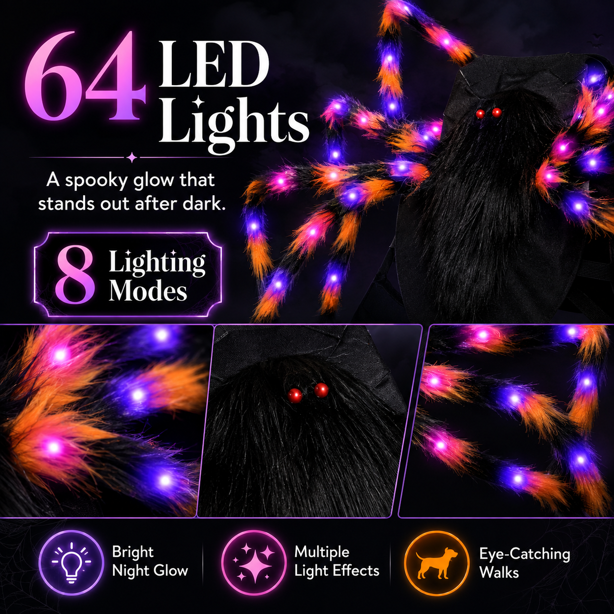 🔥Halloween Spider Dog Costume with 64 Led | Adjustable Self-Adhesive Straps, 8 Lighting Modes