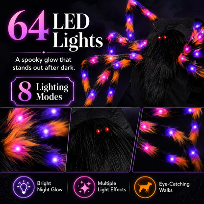 🔥Halloween Spider Dog Costume with 64 Led | Adjustable Self-Adhesive Straps, 8 Lighting Modes