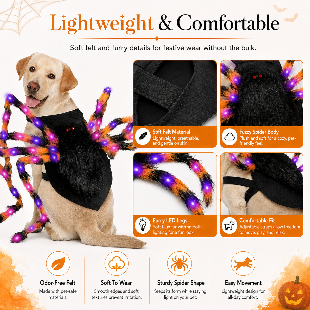 🔥Halloween Spider Dog Costume with 64 Led | Adjustable Self-Adhesive Straps, 8 Lighting Modes